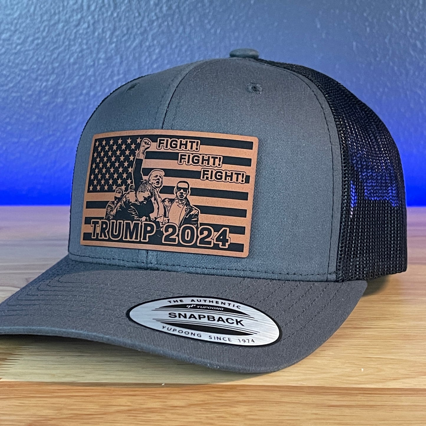 Trump 2024 Fight Fight Fight Flag SnapBack Trucker Rawhide Leather Patch Hat Charcoal