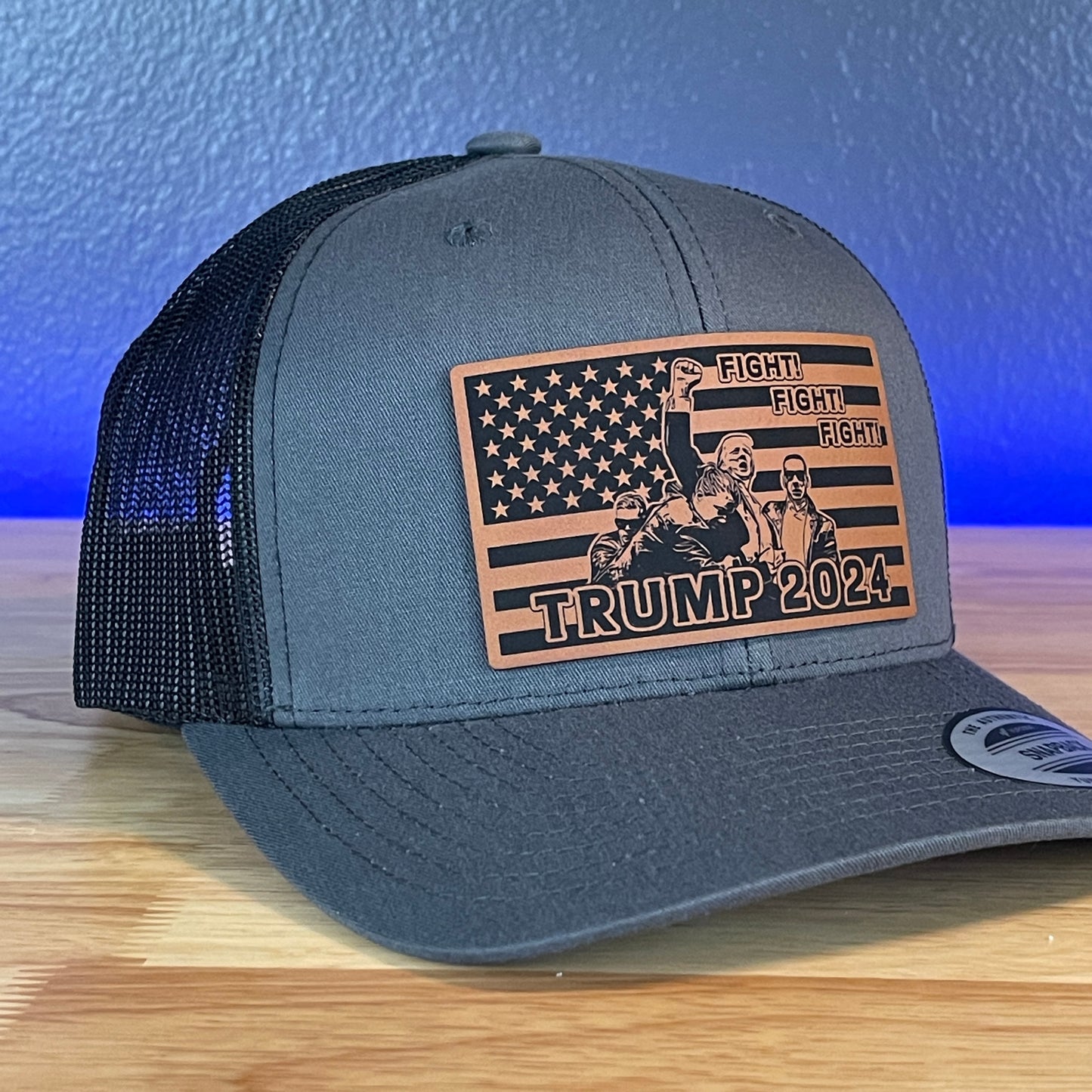 Trump 2024 Fight Fight Fight Flag SnapBack Trucker Rawhide Leather Patch Hat Charcoal