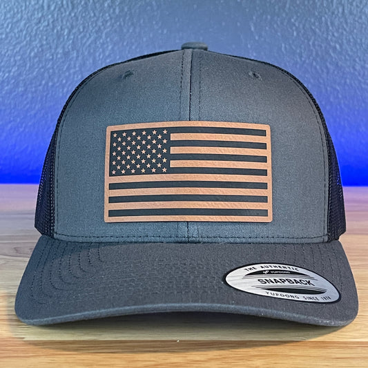 American Flag Patriotic SnapBack Trucker Rawhide Leather Patch Hat Charcoal