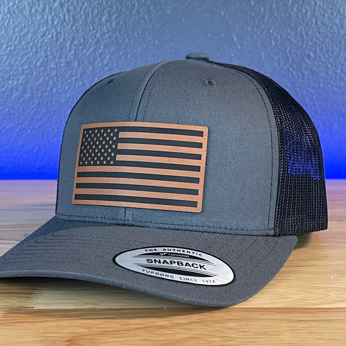 American Flag Patriotic SnapBack Trucker Rawhide Leather Patch Hat Charcoal