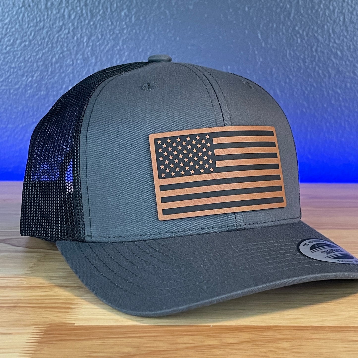 American Flag Patriotic SnapBack Trucker Rawhide Leather Patch Hat Charcoal