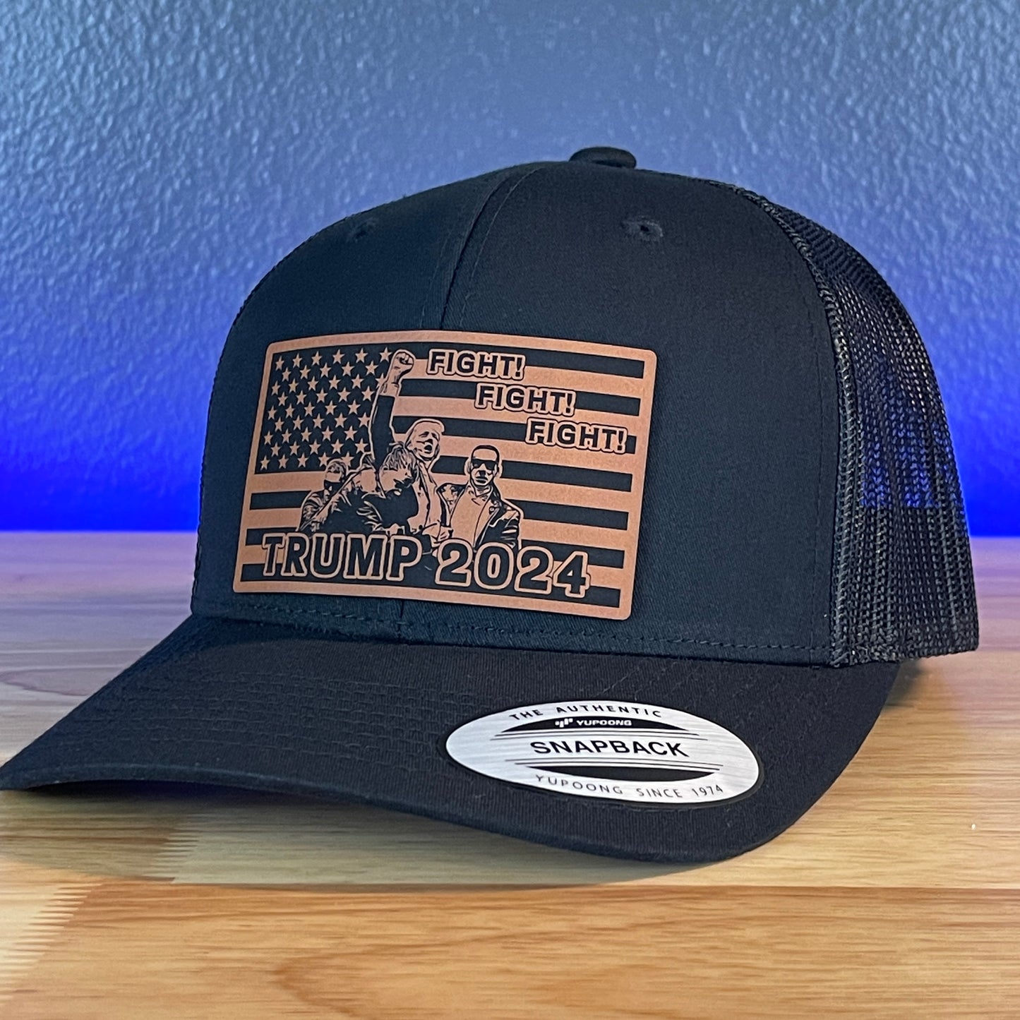 Trump 2024 Fight Fight Fight Flag SnapBack Trucker Rawhide Leather Patch Hat Black