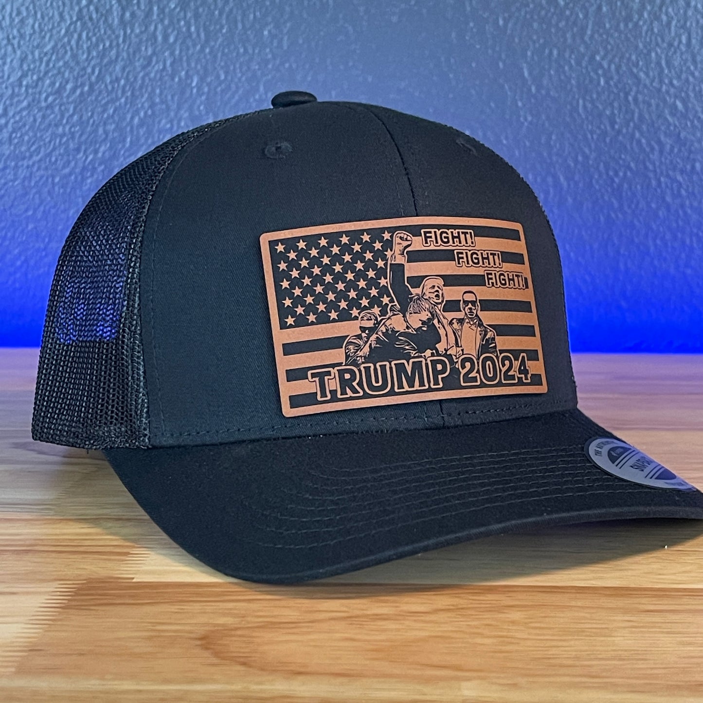 Trump 2024 Fight Fight Fight Flag SnapBack Trucker Rawhide Leather Patch Hat Black