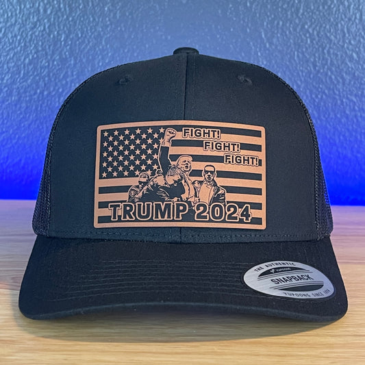 Trump 2024 Fight Fight Fight Flag SnapBack Trucker Rawhide Leather Patch Hat Black