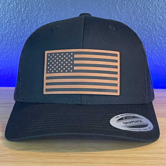 American Flag Patriotic SnapBack Trucker Rawhide Leather Patch Hat Black