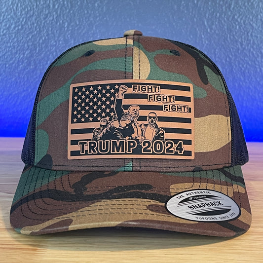 Trump 2024 Fight Fight Fight Flag SnapBack Trucker Rawhide Leather Patch Hat Camo/Black