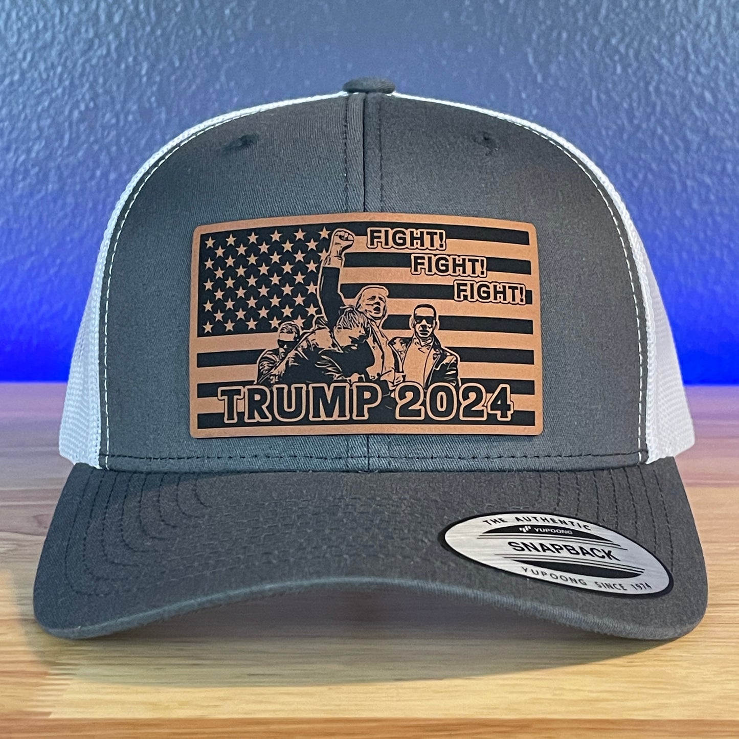 Trump 2024 Fight Fight Fight Flag SnapBack Trucker Rawhide Leather Patch Hat Charcoal/White