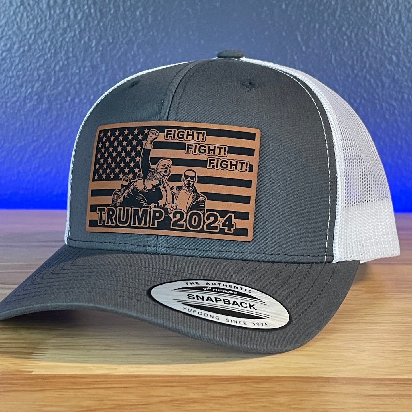 Trump 2024 Fight Fight Fight Flag SnapBack Trucker Rawhide Leather Patch Hat Charcoal/White