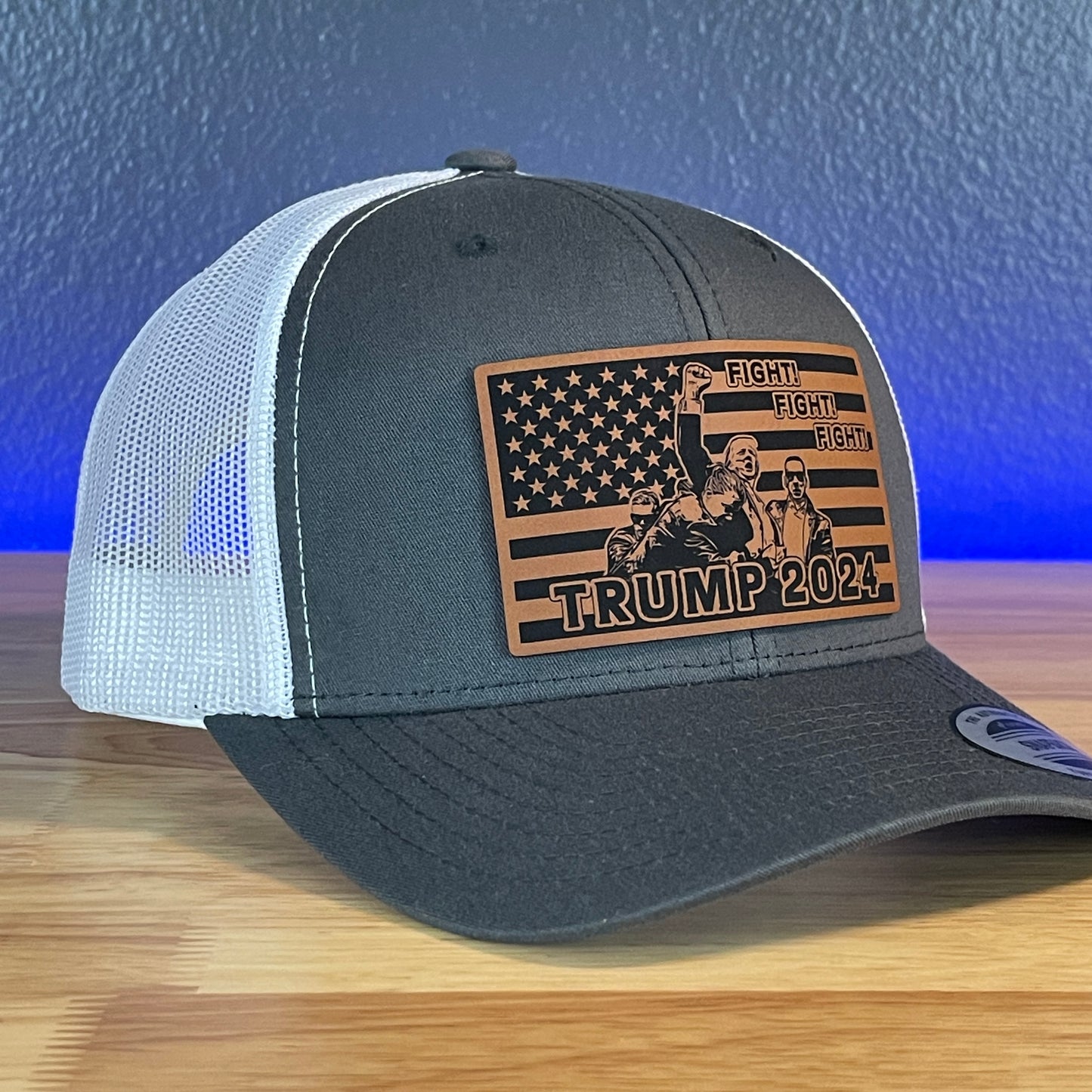 Trump 2024 Fight Fight Fight Flag SnapBack Trucker Rawhide Leather Patch Hat Charcoal/White