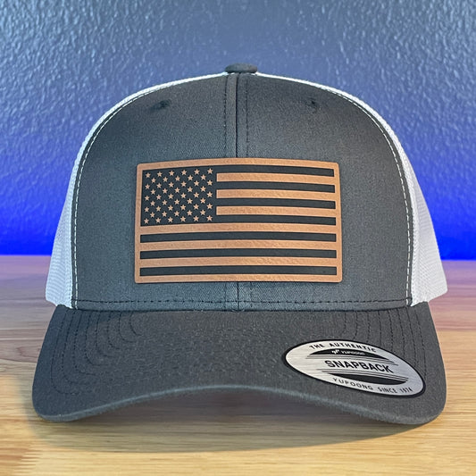 American Flag Patriotic SnapBack Trucker Rawhide Leather Patch Hat Charcoal/White