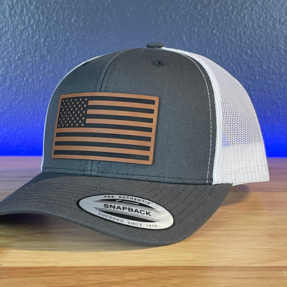 American Flag Patriotic SnapBack Trucker Rawhide Leather Patch Hat Charcoal/White