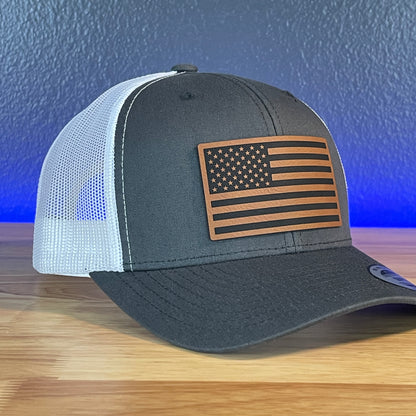 American Flag Patriotic SnapBack Trucker Rawhide Leather Patch Hat Charcoal/White