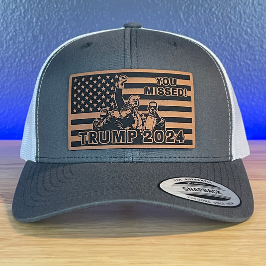 You Missed Trump 2024 Flag SnapBack Trucker Rawhide Leather Patch Hat Charcoal/White