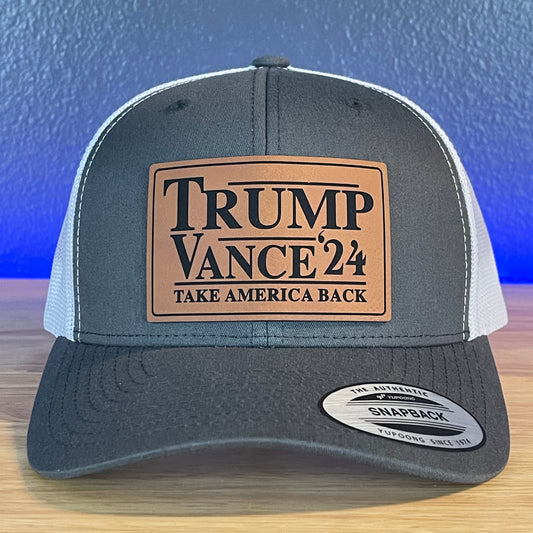 Trump Vance 2024 Take America Back SnapBack Trucker Rawhide Leather Patch Hat Charcoal/White