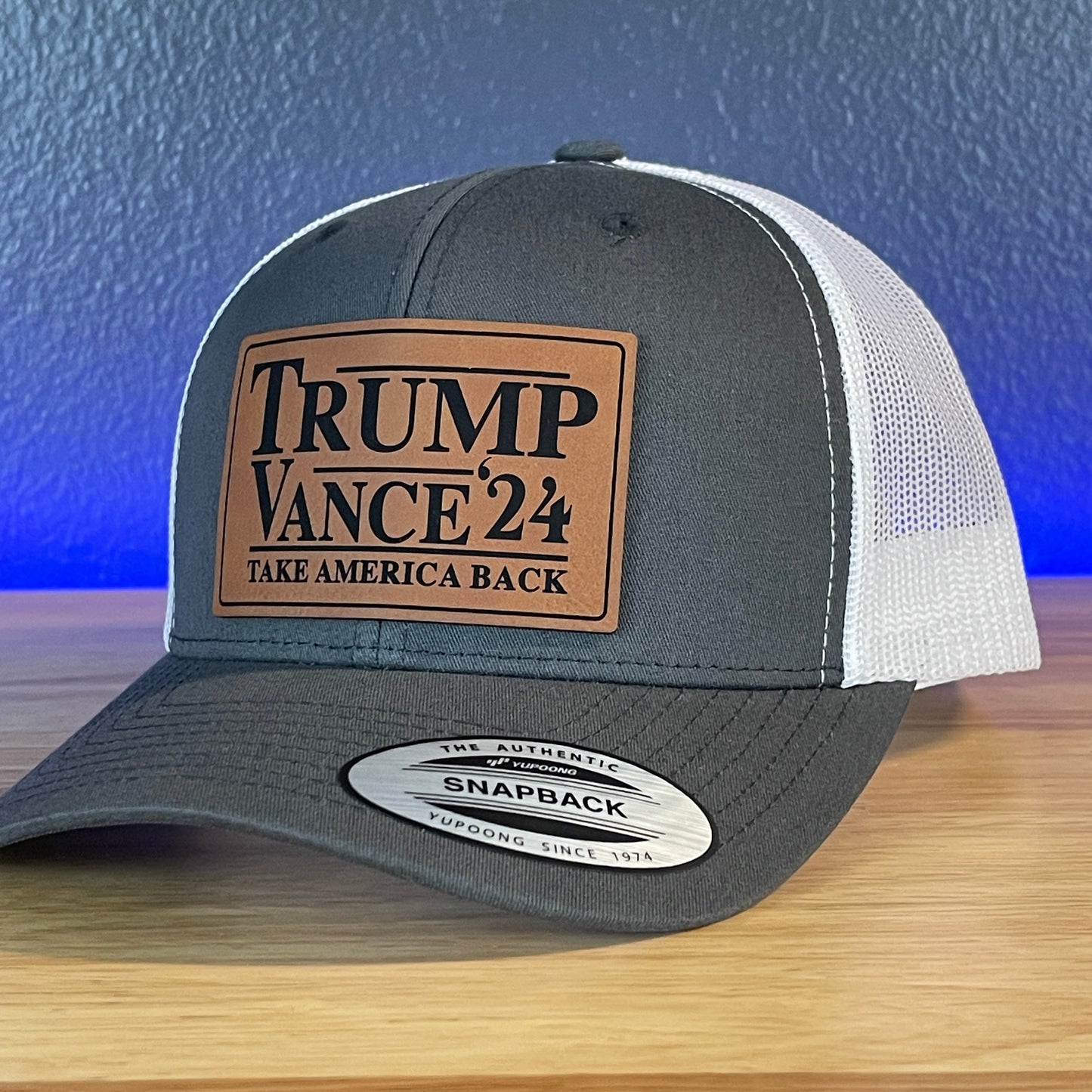 Trump Vance 2024 Take America Back SnapBack Trucker Rawhide Leather Patch Hat Charcoal/White