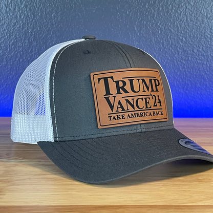 Trump Vance 2024 Take America Back SnapBack Trucker Rawhide Leather Patch Hat Charcoal/White