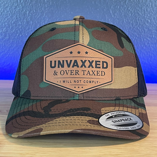 UNVAXXED & OVER TAXED Leather Patch Hat Camo/Black Rawhide