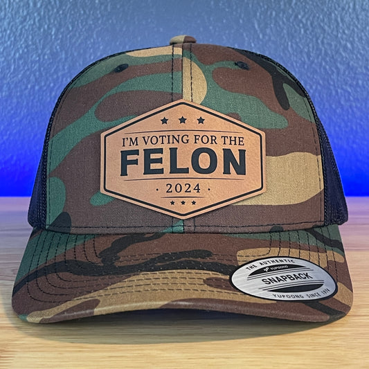 I'm Voting For The FELON Trump 2024 Leather Patch Hat Camo/Black Rawhide