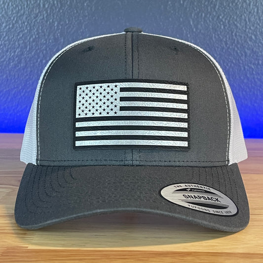 American Flag Patriotic SnapBack Trucker Rawhide Leather Patch Hat Charcoal/White (Blk/Silv)