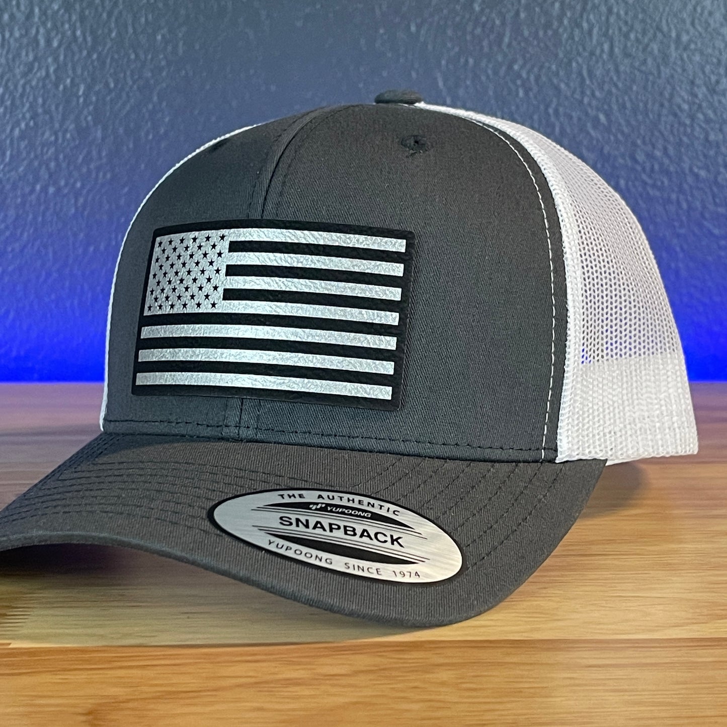 American Flag Patriotic SnapBack Trucker Rawhide Leather Patch Hat Charcoal/White (Blk/Silv)