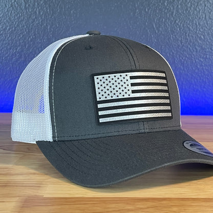 American Flag Patriotic SnapBack Trucker Rawhide Leather Patch Hat Charcoal/White (Blk/Silv)