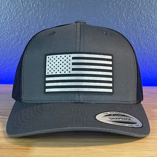 American Flag Patriotic SnapBack Trucker Rawhide Leather Patch Hat Charcoal (Blk/Silv)