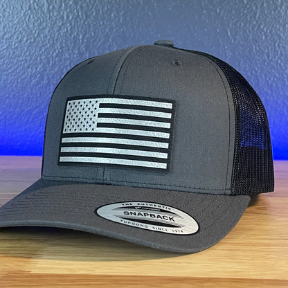 American Flag Patriotic SnapBack Trucker Hat Leather Patch Charcoal (Blk/Silv)