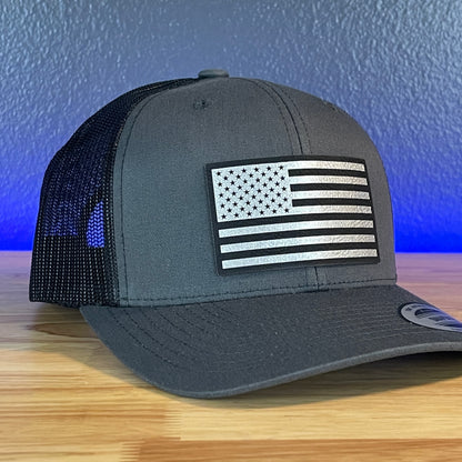 American Flag Patriotic SnapBack Trucker Hat Leather Patch Charcoal (Blk/Silv)