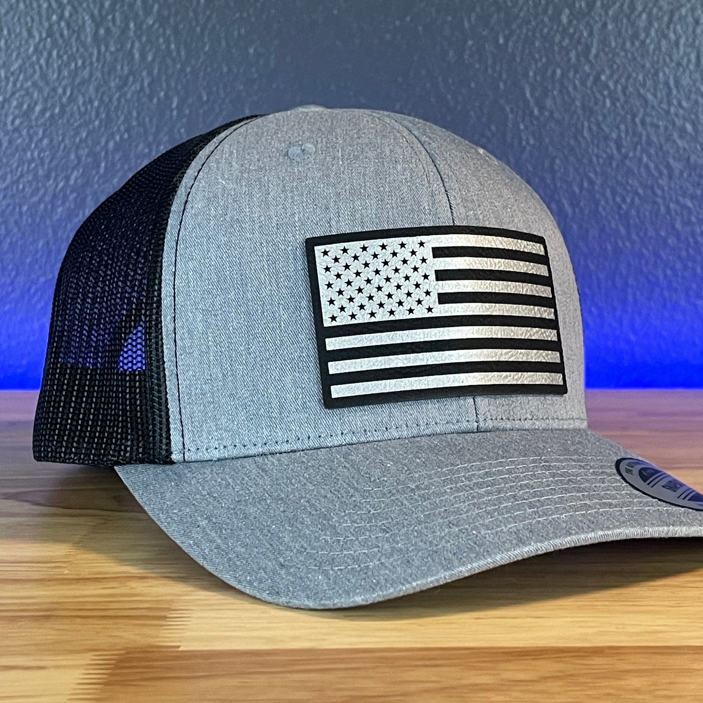 American Flag Patriotic SnapBack Trucker Leather Patch Hat (Blk/Silv)