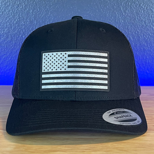 American Flag Patriotic SnapBack Trucker Hat Blk/Silv Leather Patch Black