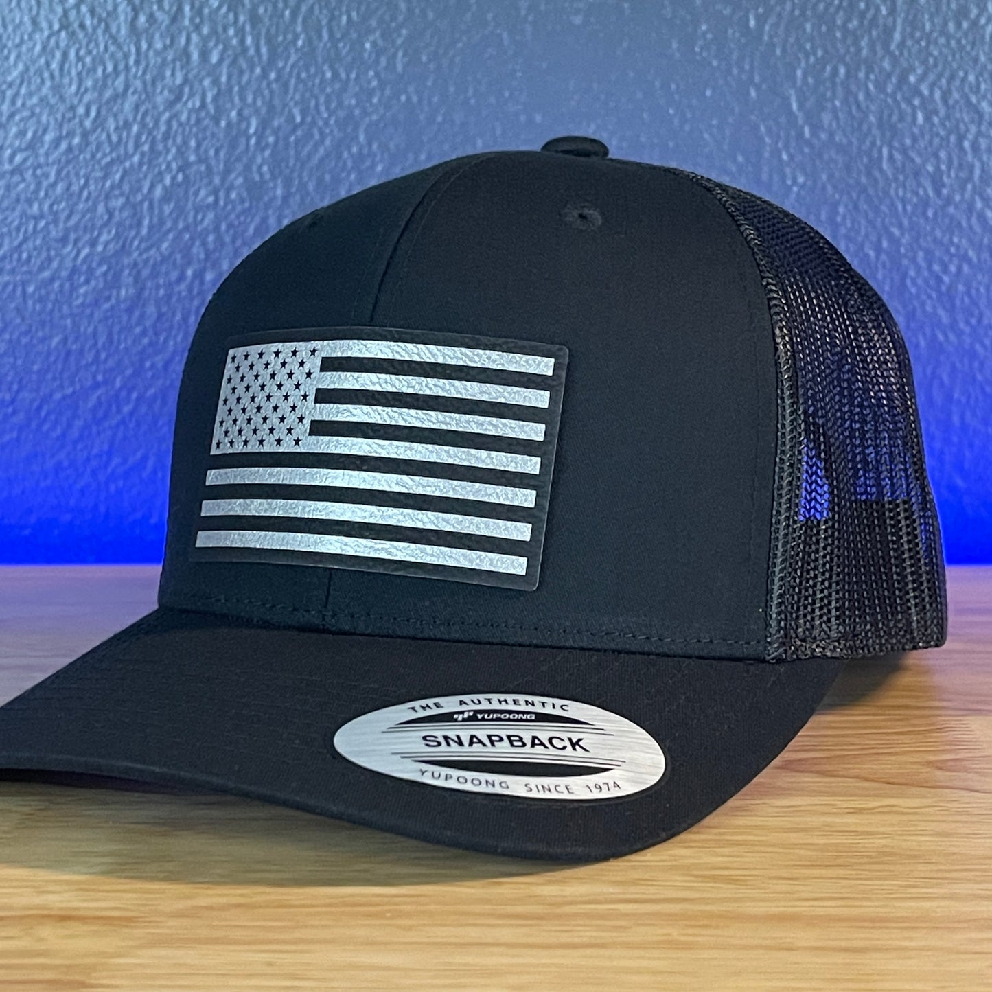 American Flag Patriotic SnapBack Trucker Hat Blk/Silv Leather Patch Black