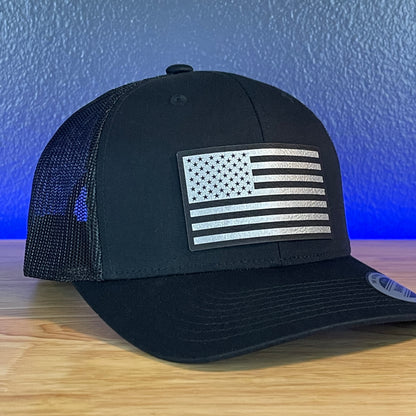 American Flag Patriotic SnapBack Trucker Hat Blk/Silv Leather Patch Black