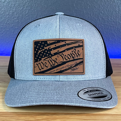 We The People American Flag Constitution Patriotic SnapBack Trucker Rawhide Leather Patch Hat Heather Grey/Black