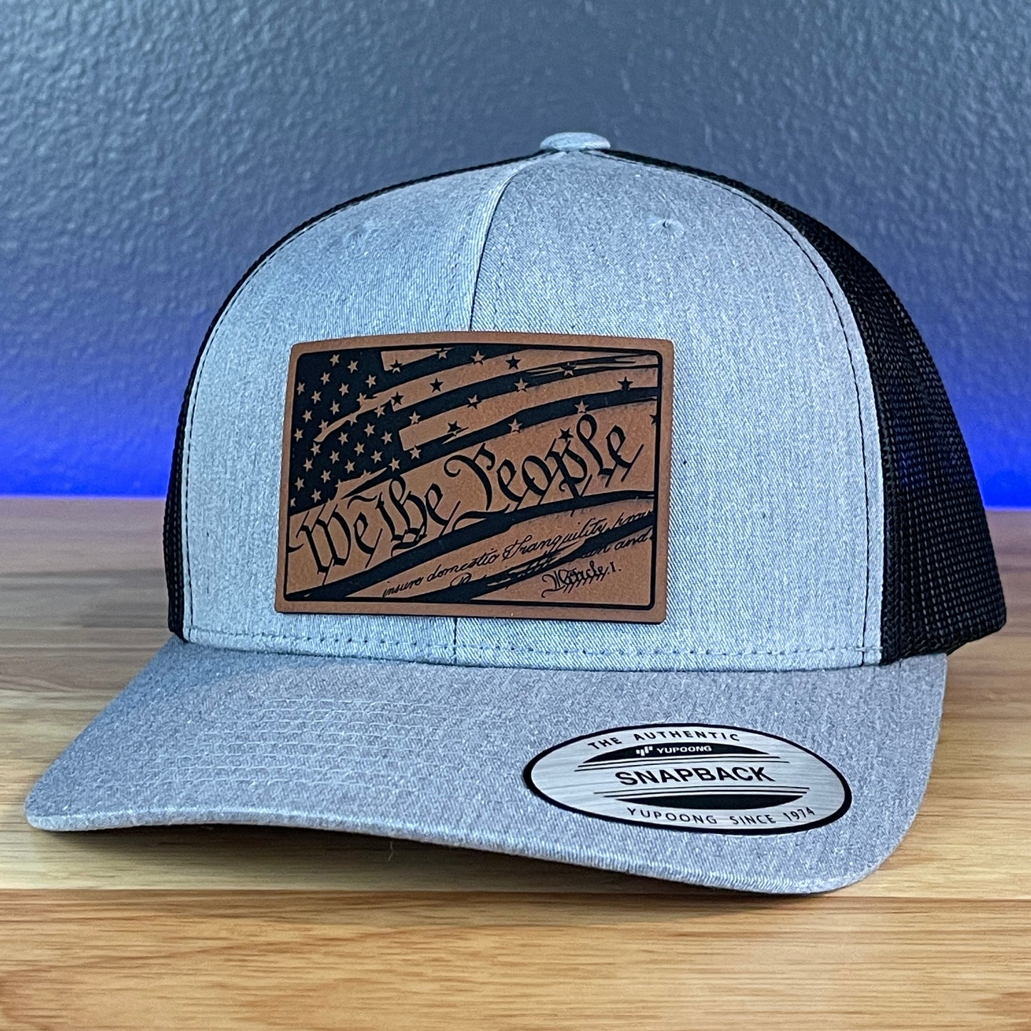 We The People American Flag Constitution Patriotic SnapBack Trucker Rawhide Leather Patch Hat Heather Grey/Black