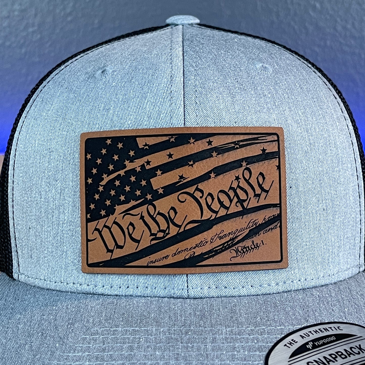 We The People American Flag Constitution Patriotic SnapBack Trucker Rawhide Leather Patch Hat Heather Grey/Black