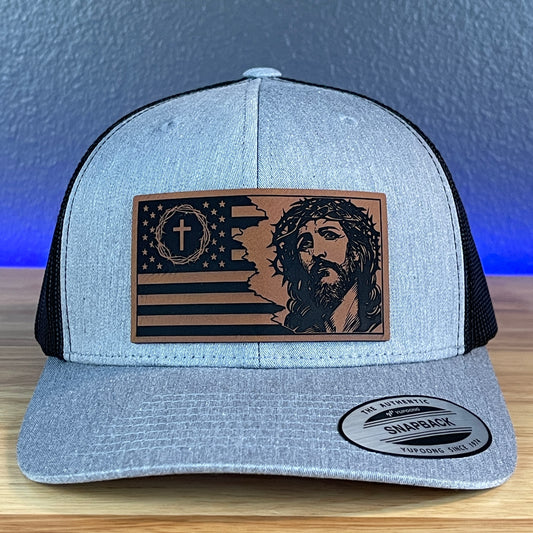 God And Country Jesus American Flag Patriotic Christian SnapBack Trucker Rawhide Leather Patch Hat Heather Grey/Black