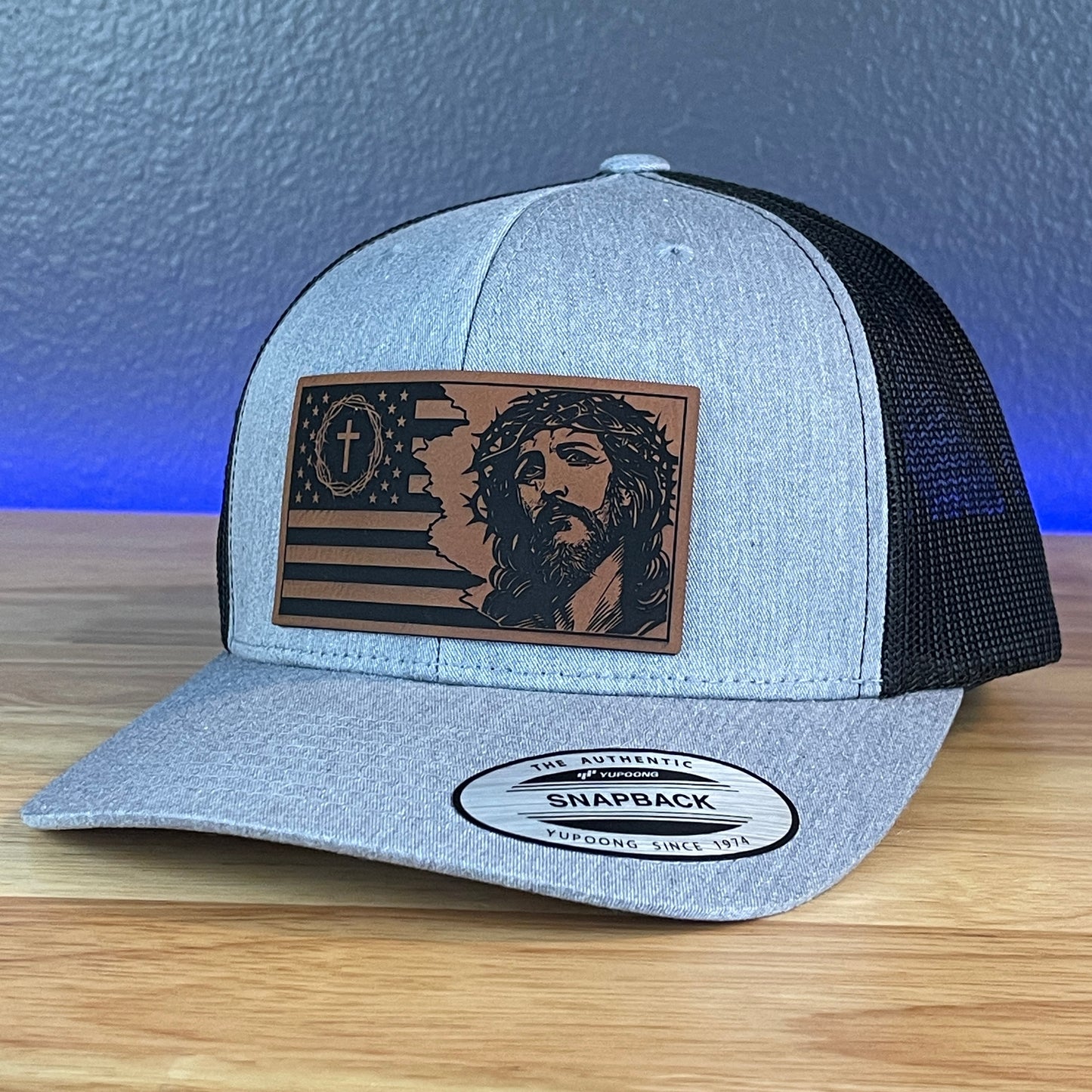 God And Country Jesus American Flag Patriotic Christian SnapBack Trucker Rawhide Leather Patch Hat Heather Grey/Black