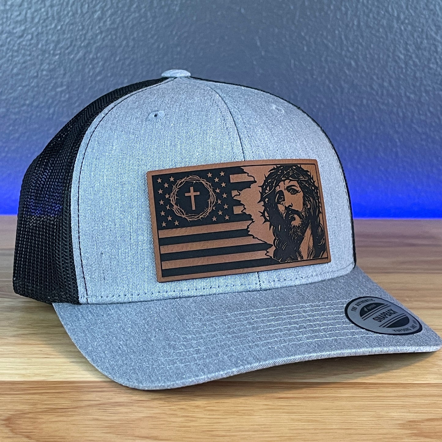 God And Country Jesus American Flag Patriotic Christian SnapBack Trucker Rawhide Leather Patch Hat Heather Grey/Black