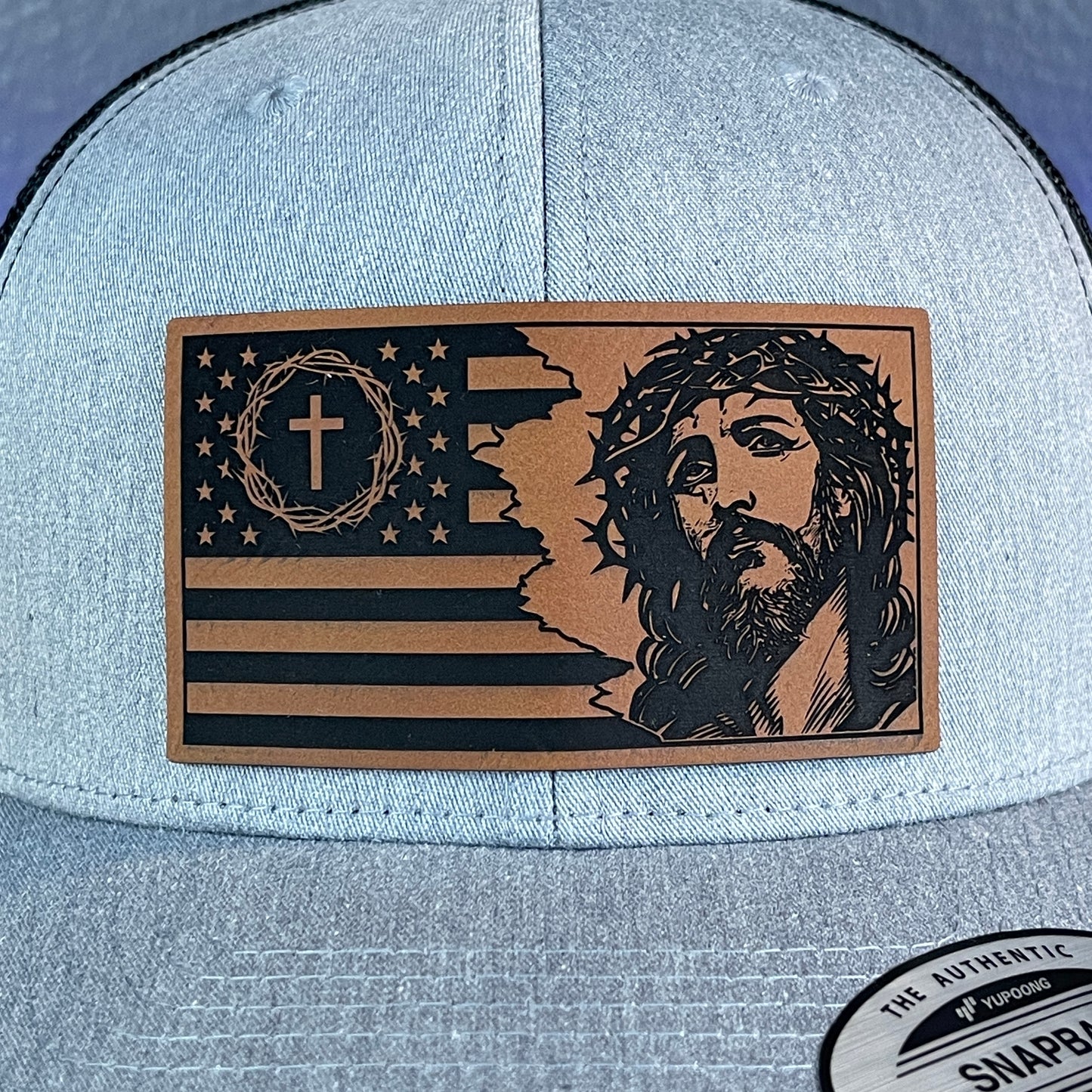 God And Country Jesus American Flag Patriotic Christian SnapBack Trucker Rawhide Leather Patch Hat Heather Grey/Black