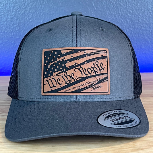 We The People American Flag Patriotic SnapBack Trucker Rawhide Leather Patch Hat Charcoal