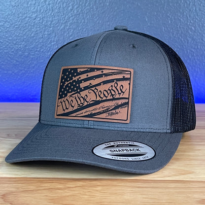 We The People American Flag Patriotic SnapBack Trucker Rawhide Leather Patch Hat Charcoal