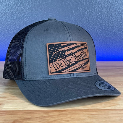 We The People American Flag Patriotic SnapBack Trucker Rawhide Leather Patch Hat Charcoal