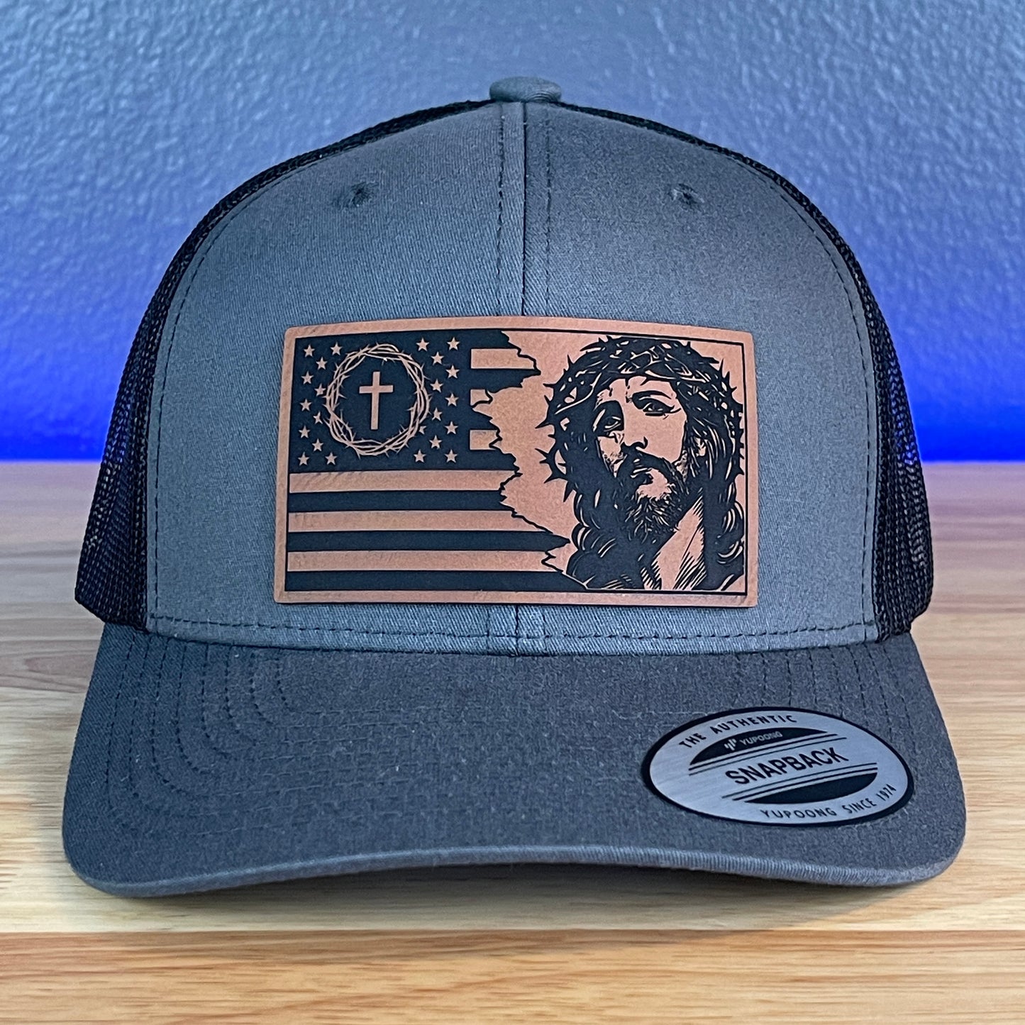 God And Country Jesus American Flag Christian SnapBack Trucker Rawhide Leather Patch Hat Charcoal