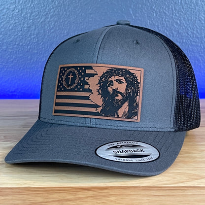 God And Country Jesus American Flag Christian SnapBack Trucker Rawhide Leather Patch Hat Charcoal