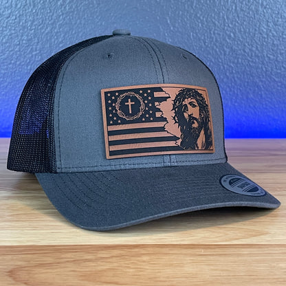 God And Country Jesus American Flag Christian SnapBack Trucker Rawhide Leather Patch Hat Charcoal