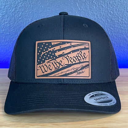 We The People American Flag Patriotic SnapBack Trucker Rawhide Leather Patch Black Hat