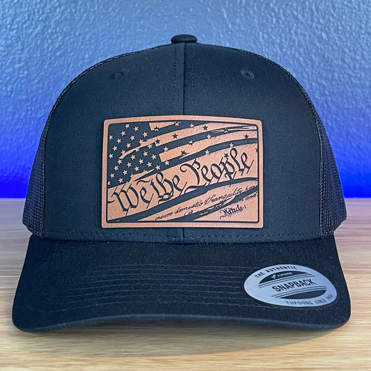 We The People American Flag Patriotic SnapBack Trucker Rawhide Leather Patch Black Hat