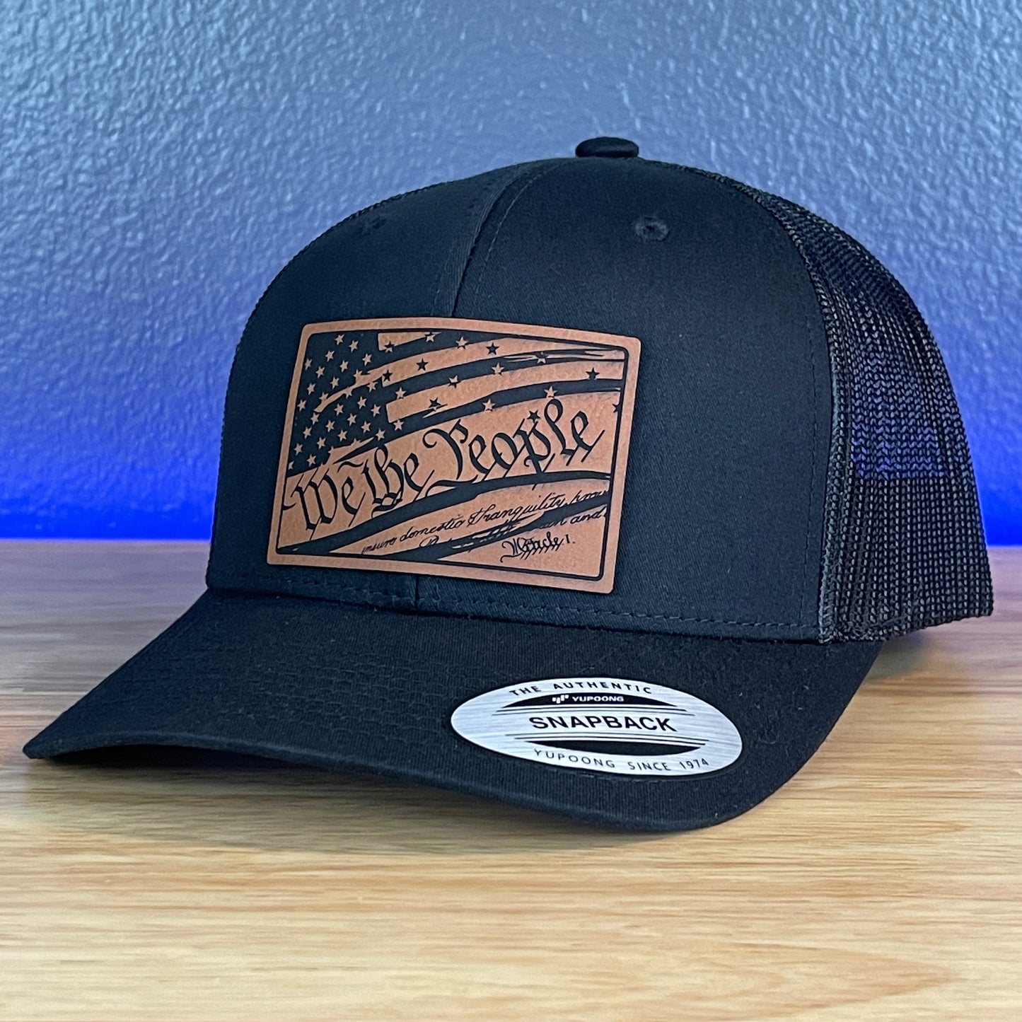 We The People American Flag Patriotic SnapBack Trucker Rawhide Leather Patch Black Hat