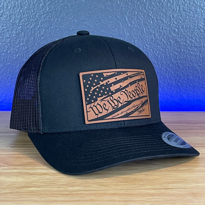 We The People American Flag Patriotic SnapBack Trucker Rawhide Leather Patch Black Hat