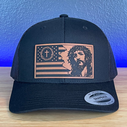 God And Country Jesus American Flag Christian SnapBack Trucker Rawhide Leather Patch Black Hat